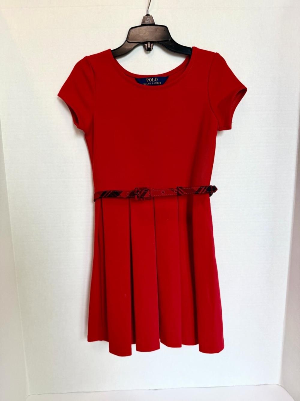 Ralph Lauren Red Short-Sleeve Pleated Dress with Slim Belt